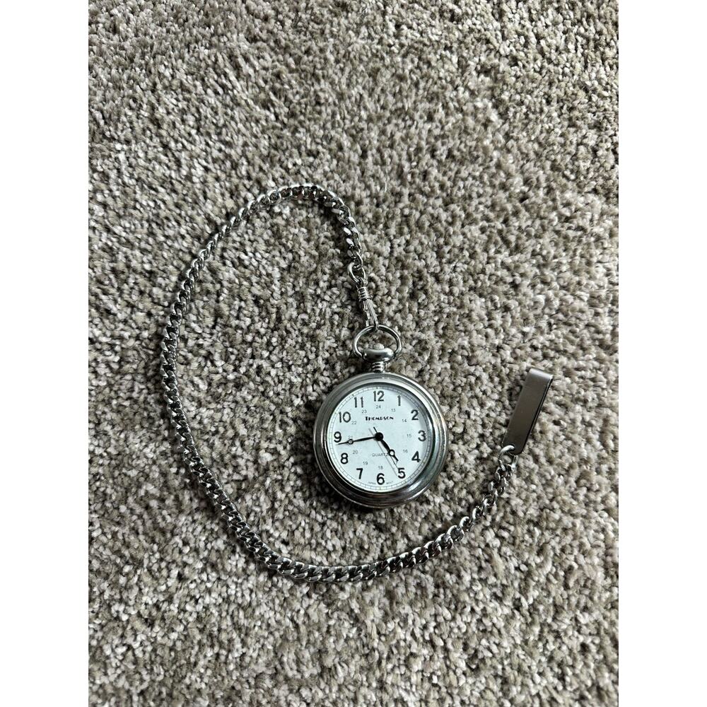 Vintage Thompson Pocket Watch with Chain VTG NEEDS BATTERY